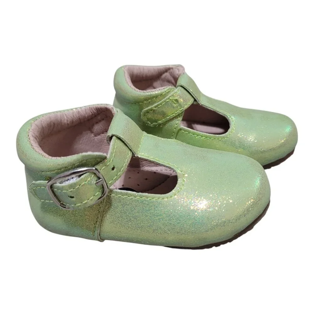 NEW A Bear Co Toddler Size 3 Smooth Glitter T-Strap Flats‎ Green Girls